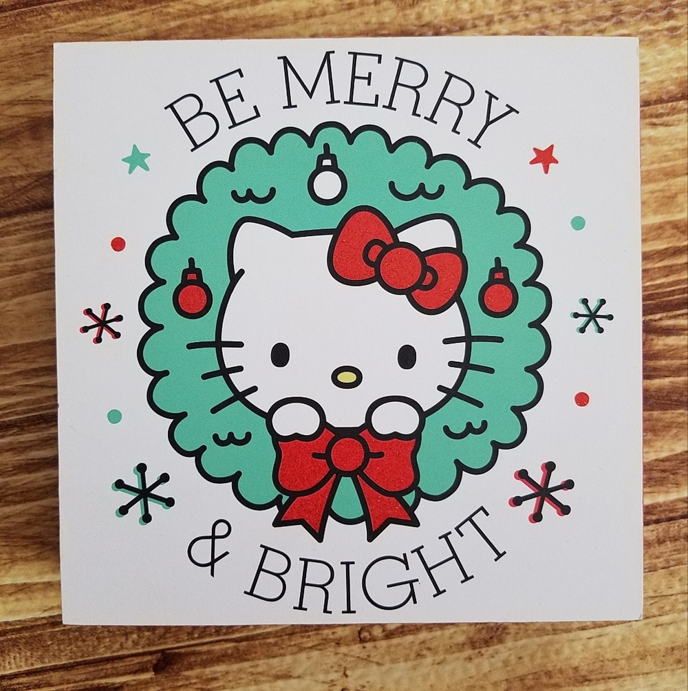 Hello Kitty Christmas Wreath Wooden Wall Plaque Sign Be Merry & Bright Sanrio